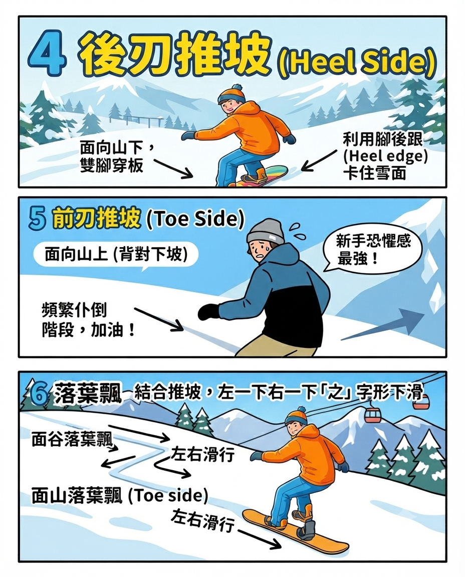 單板初學步驟 4 至 6：後刃推坡 Heel Side、前刃推坡 Toe Side、落葉飄圖解