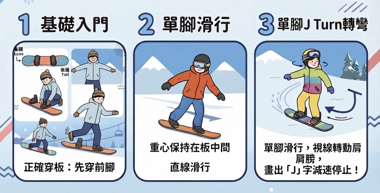 單板初學步驟 1 至 3：基礎入門、單腳滑行、單腳 J Turn 轉彎圖解