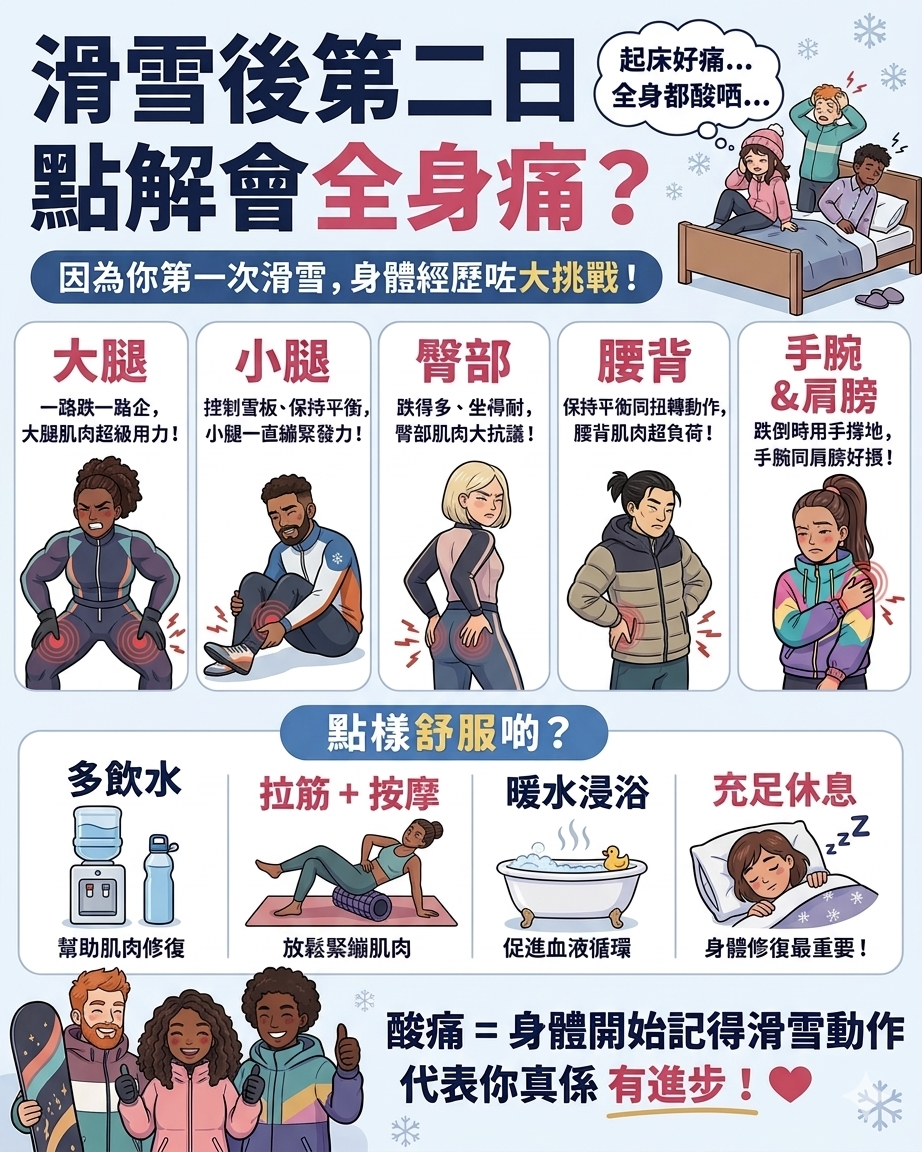 滑雪後的「全身痠痛」是榮譽勳章!第一次滑雪後的身體解密與舒緩指南