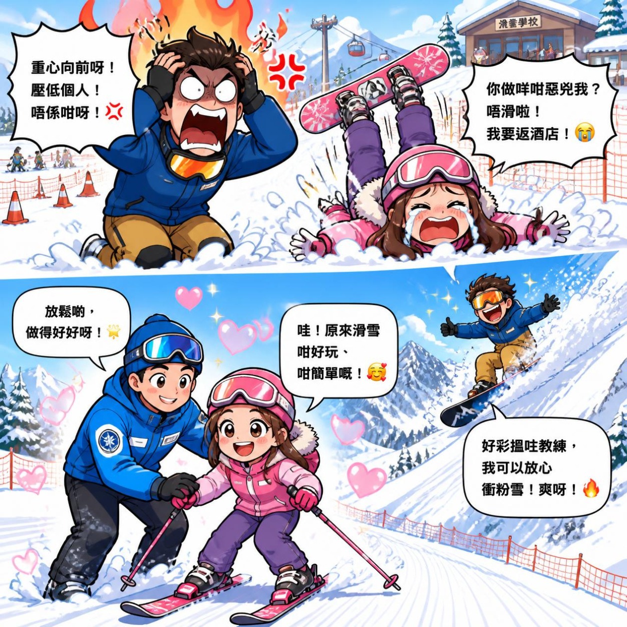 男友親自教學激到噴火，對比專業滑雪教練溫柔指導